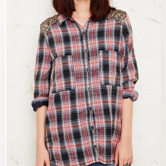 Free People Sequin Flannel Plaid Button Down Shirt XS - Picture 3 of 7